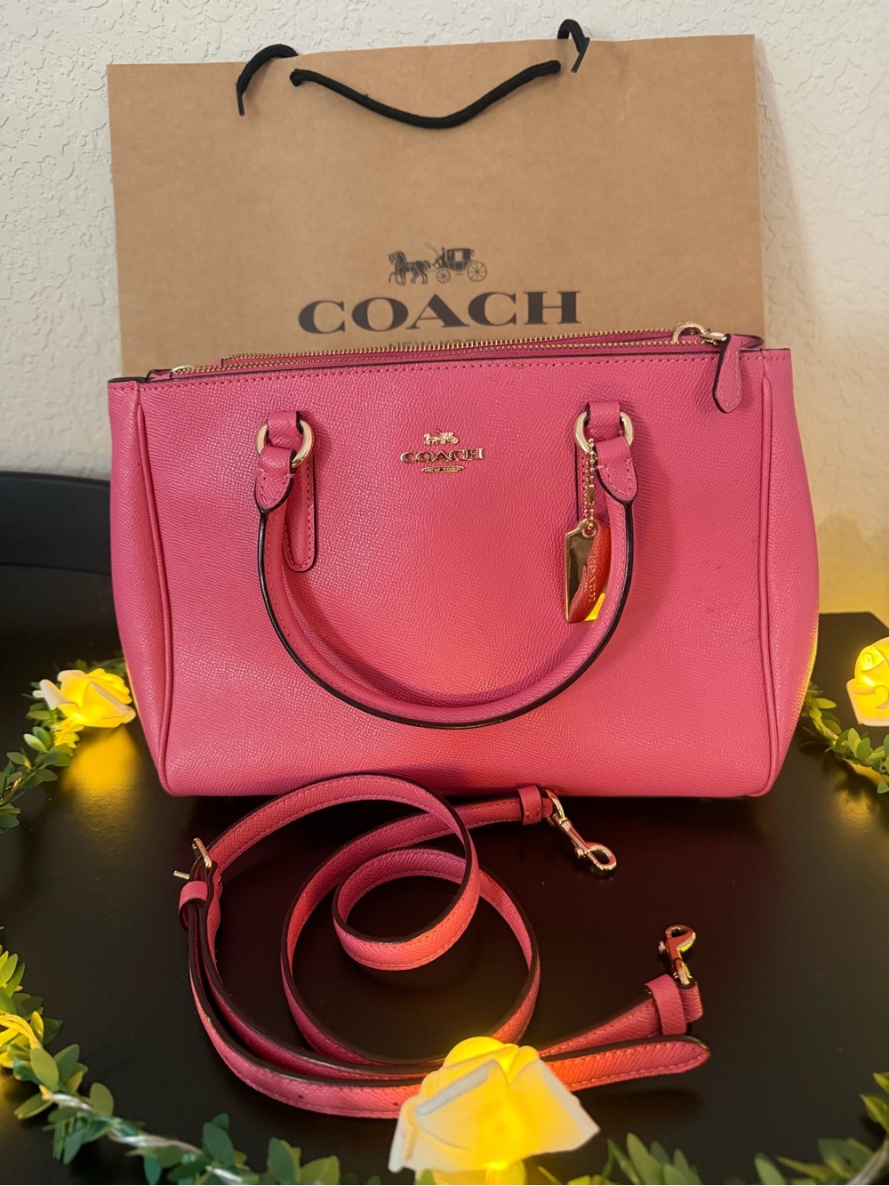 Coach Pink Leather Satchel with Detachable Strap with Coach paper bag